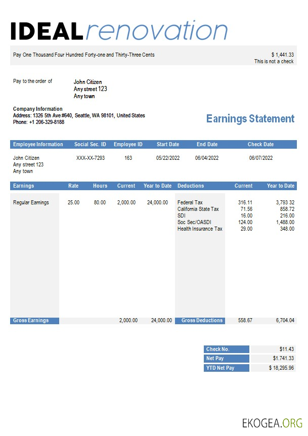 modèle de bulletin de paie d'une entreprise de rénovation domiciliaire aux formats Word et PDF